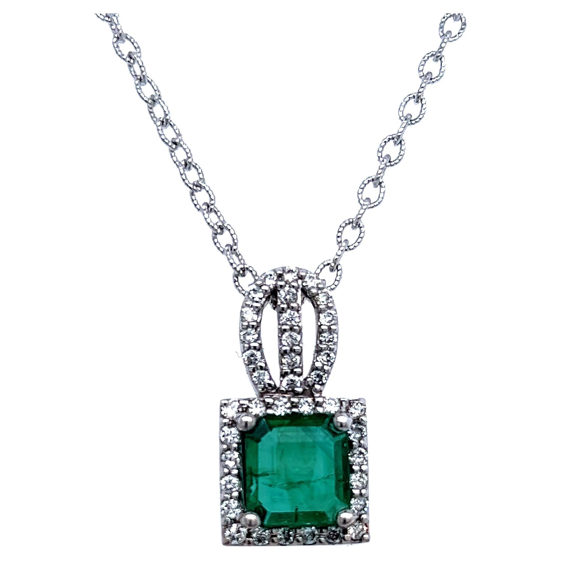 Natural Emerald Diamond Pendant Necklace 18" 14k White Gold 2.41 TCW Certified For Sale