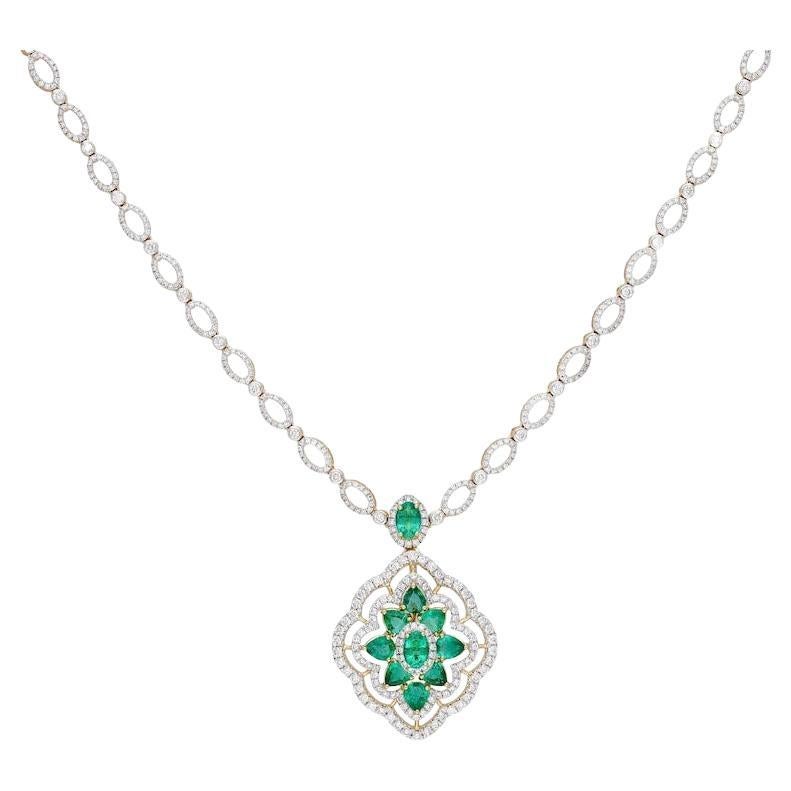 Natural Emerald diamond pendant necklace gold / Diamond 18k yellow gold chain