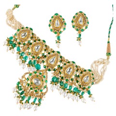 Natural Emerald & diamond Polki Necklace set in 14k gold