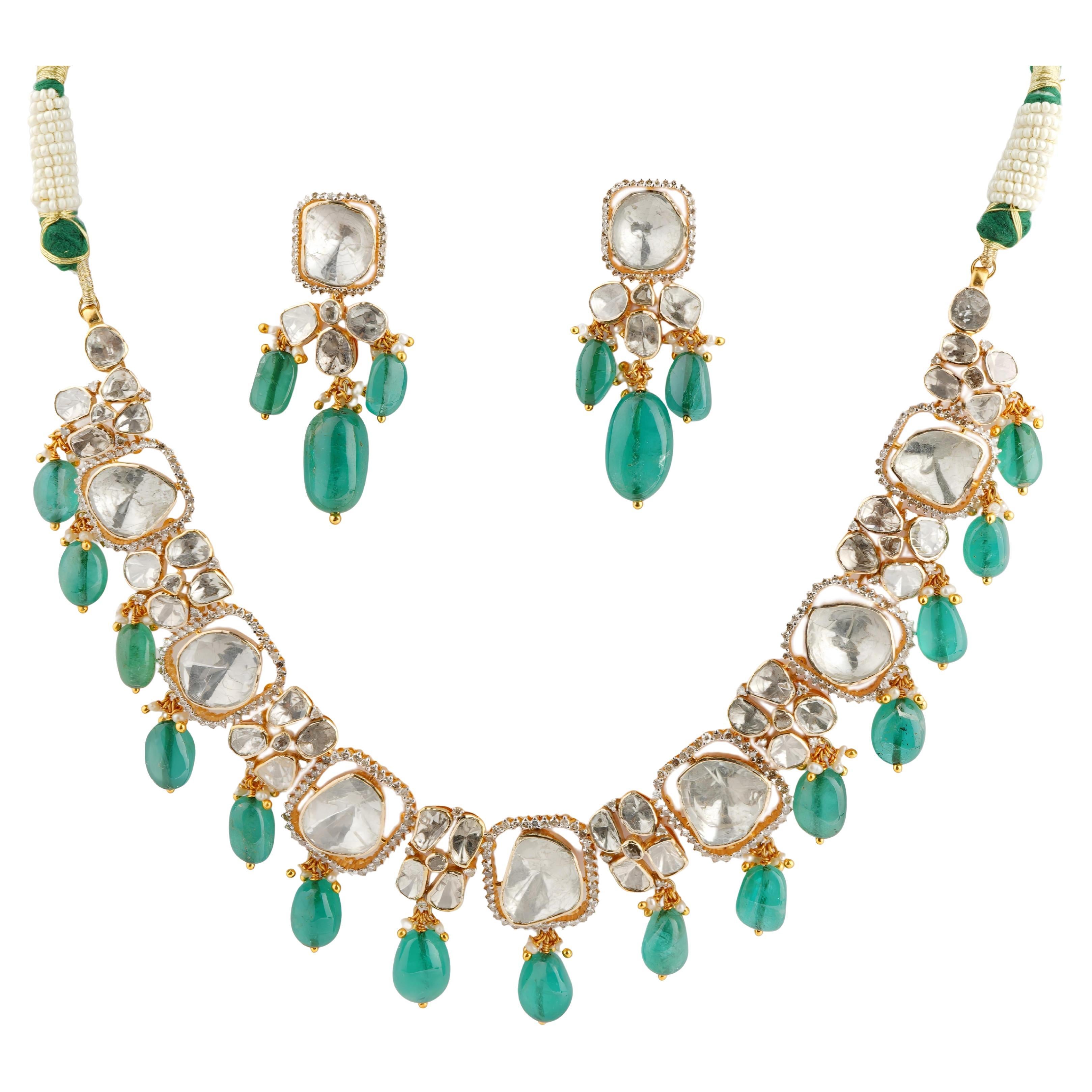 Natural emerald diamond Polki necklace in 14k gold