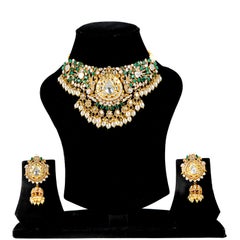 Natural Emerald & Diamond Polki  Necklace set in 14k Gold