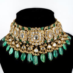 Natural Emerald & Diamond Polki Necklace set in 14k Gold