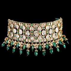 Natural Emerald & Diamond Polki Necklace set in 14k Gold