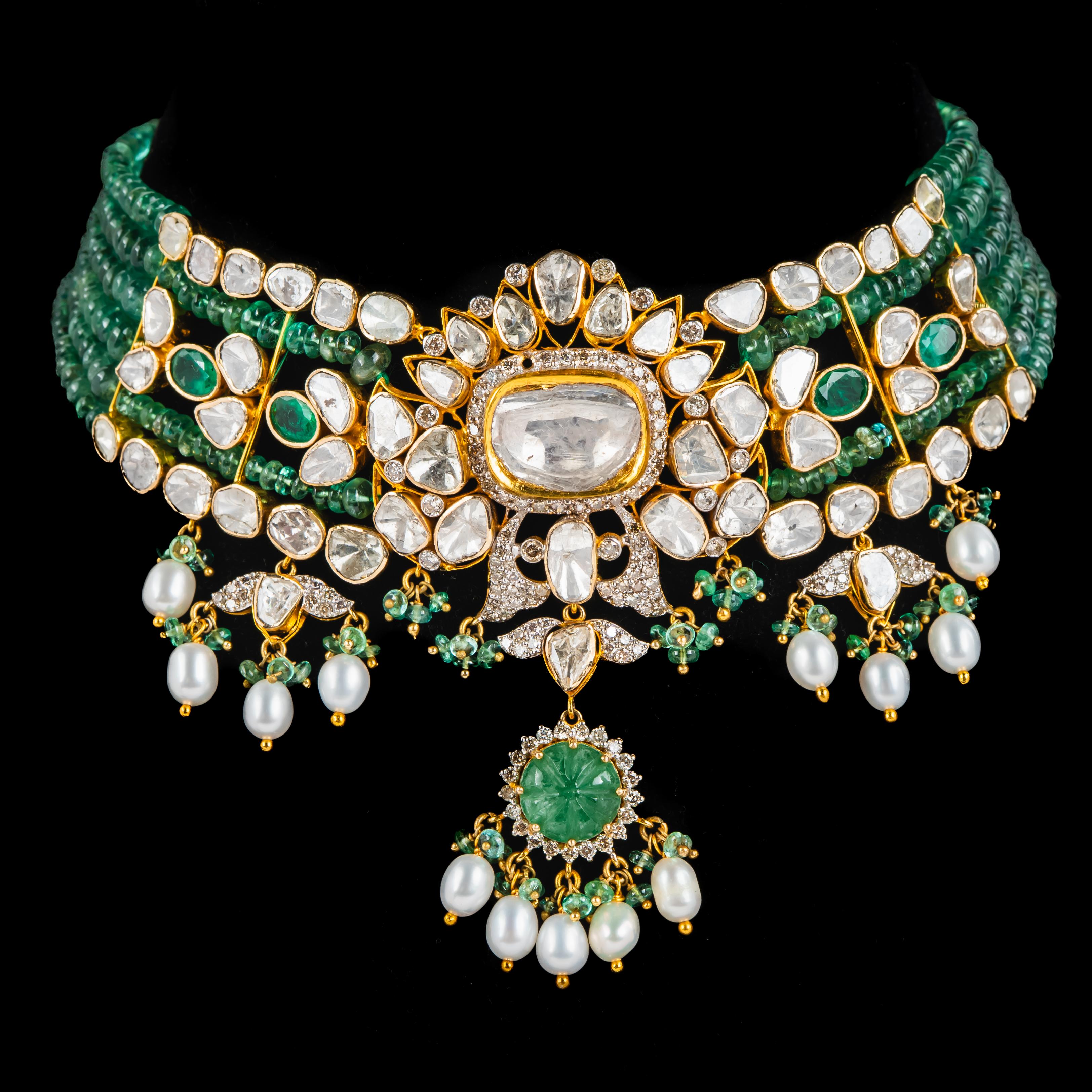 Emerald Cut Natural Emerald & diamond polki necklace set in 14k gold For Sale