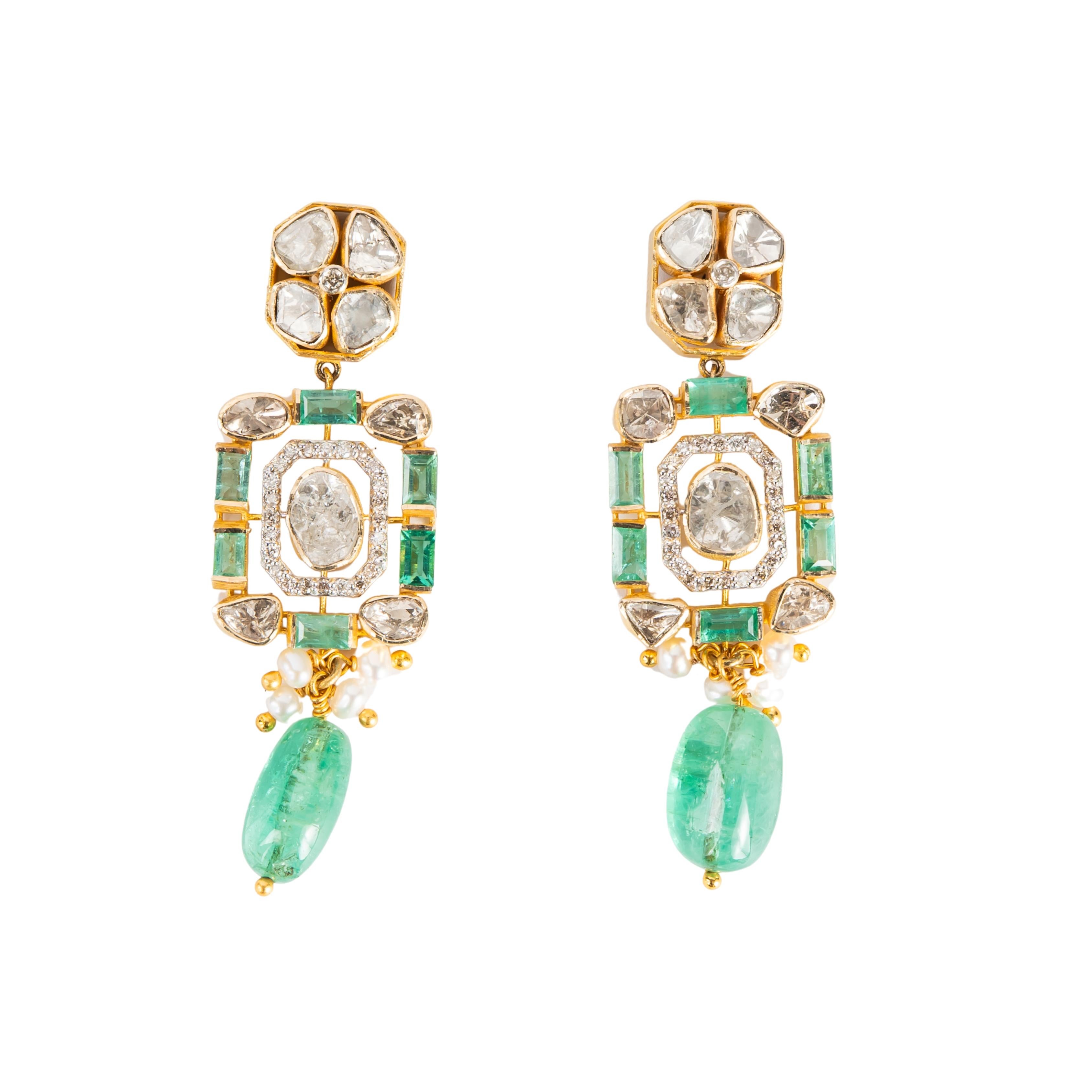 Natürlicher Smaragd & Diamant Polki Halskette in 14k Gold im Zustand „Neu“ im Angebot in jaipur, IN