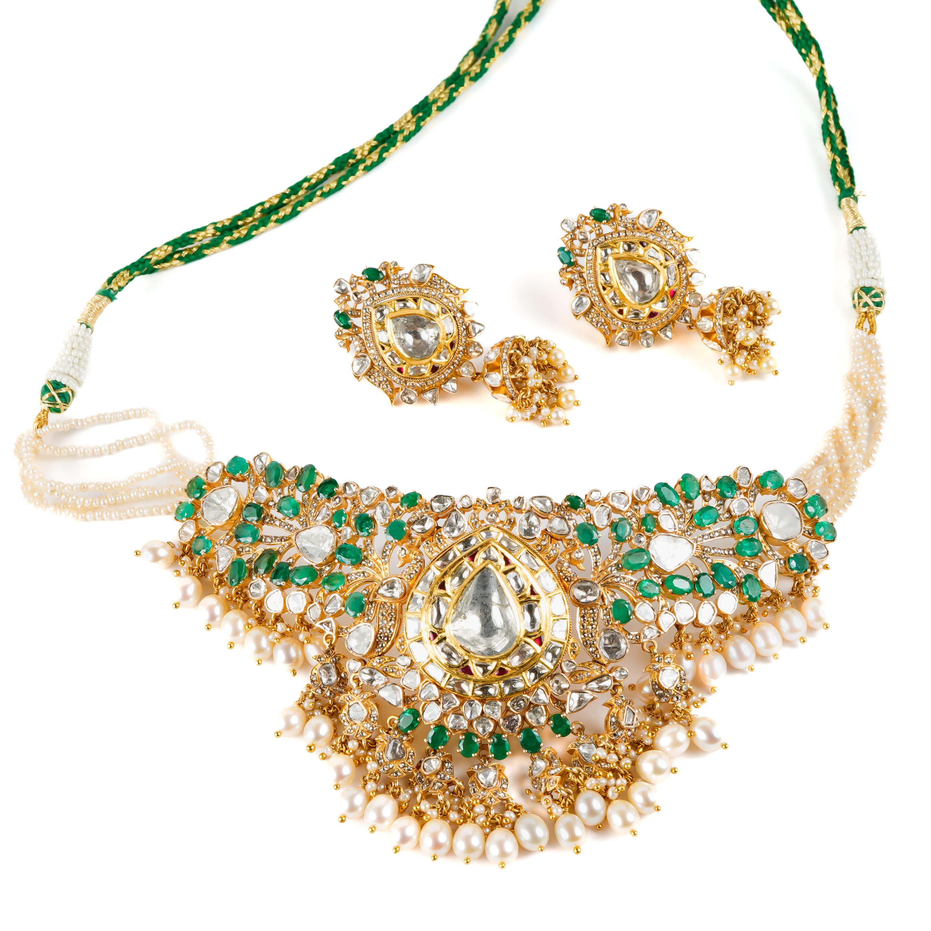 Natürlicher Smaragd & Diamant Polki  Halskette aus 14 Karat Gold Damen im Angebot