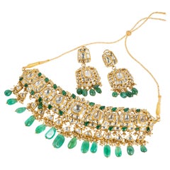 Natural Emerald & diamond polki Necklace set in 14k gold