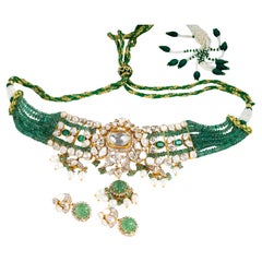 Natural Emerald & diamond polki necklace set in 14k gold