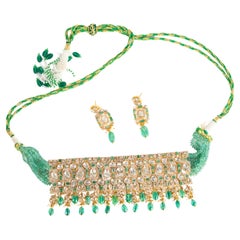 Natural Emerald & diamond polki necklace set in 14k gold