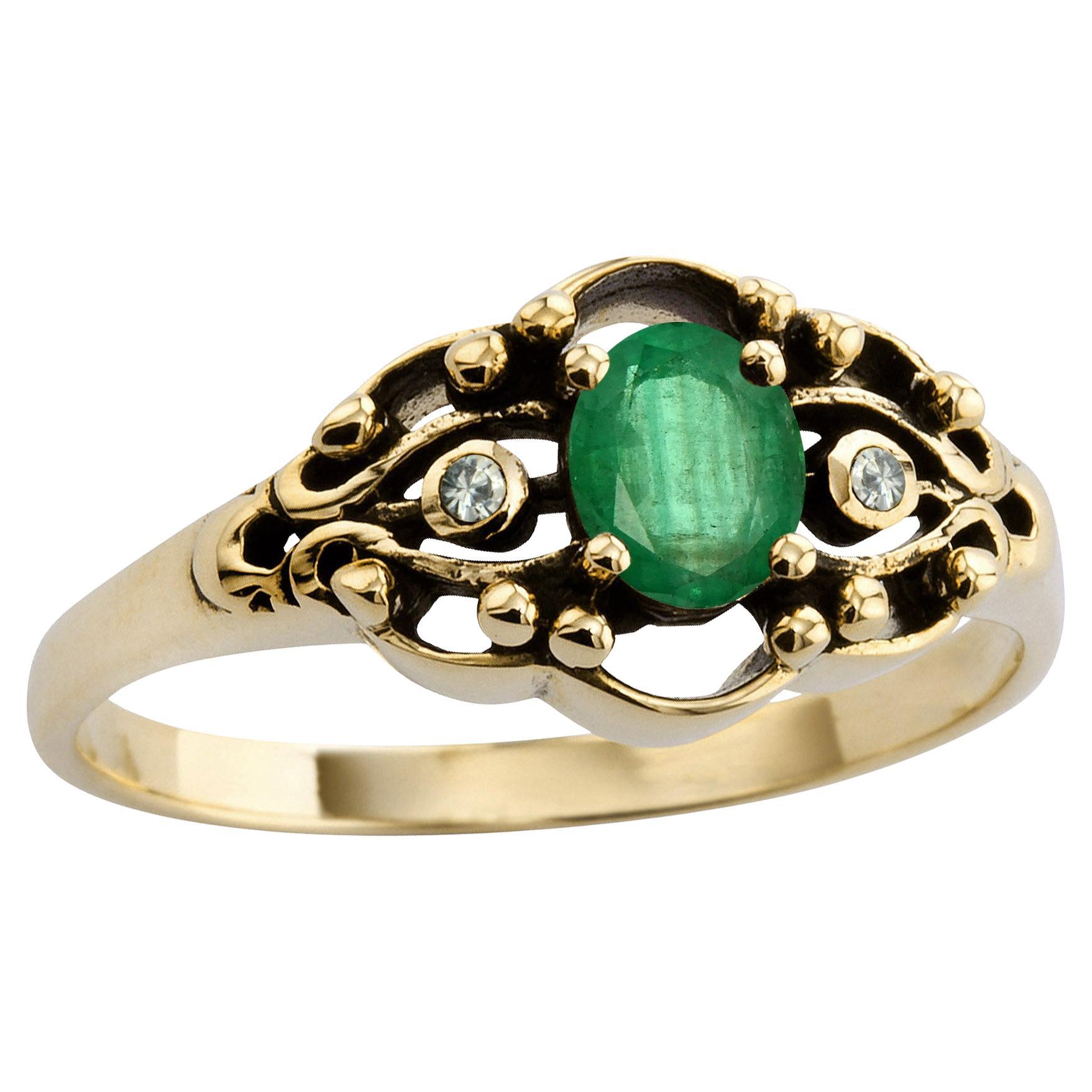 Natürlicher Smaragd Diamant Prong Set Vintage Style Verlobungsring in massivem 9K Gold