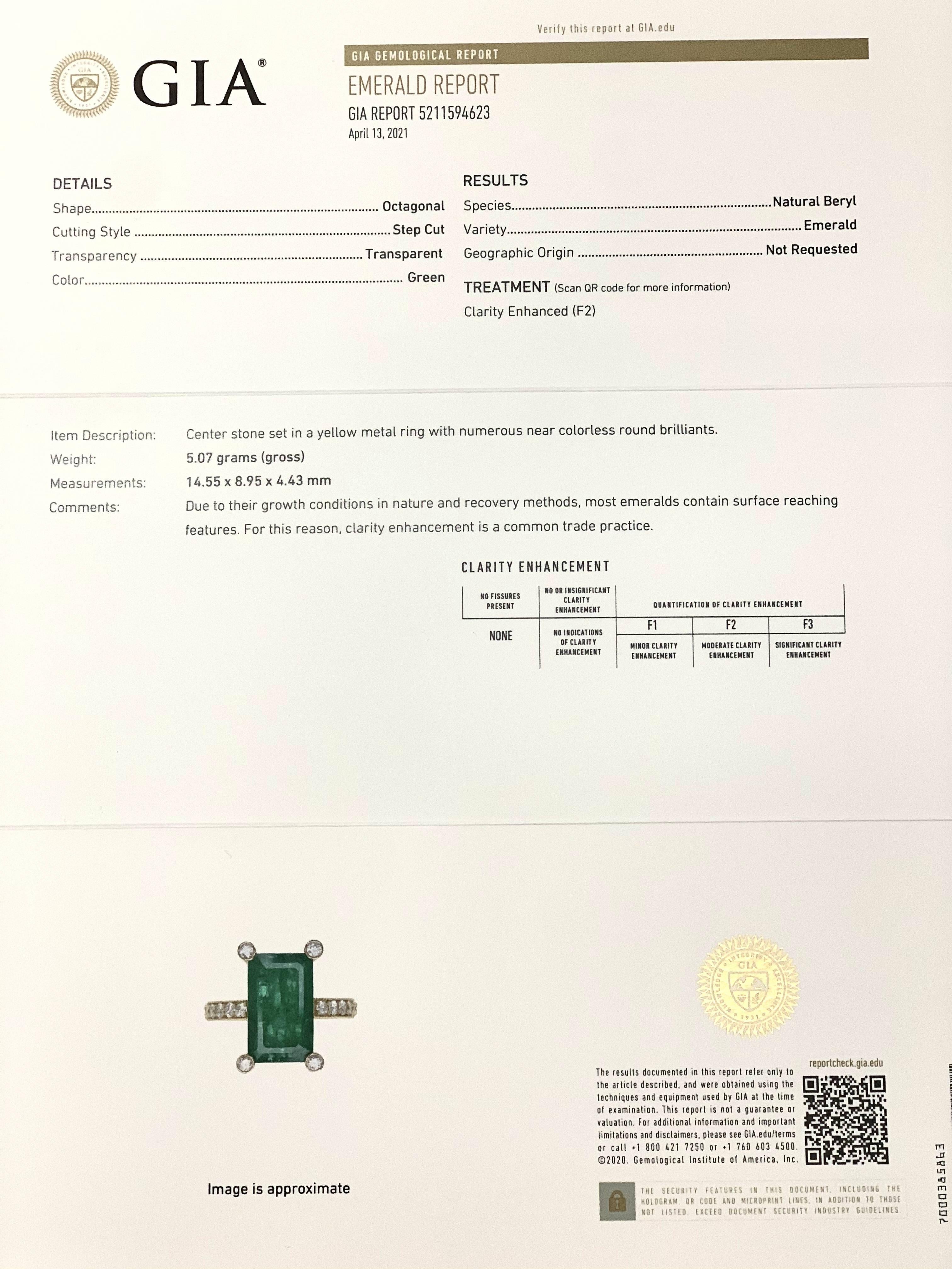Natural Emerald Diamond Ring 14k Gold 4.37 TCW GIA Certified For Sale 9