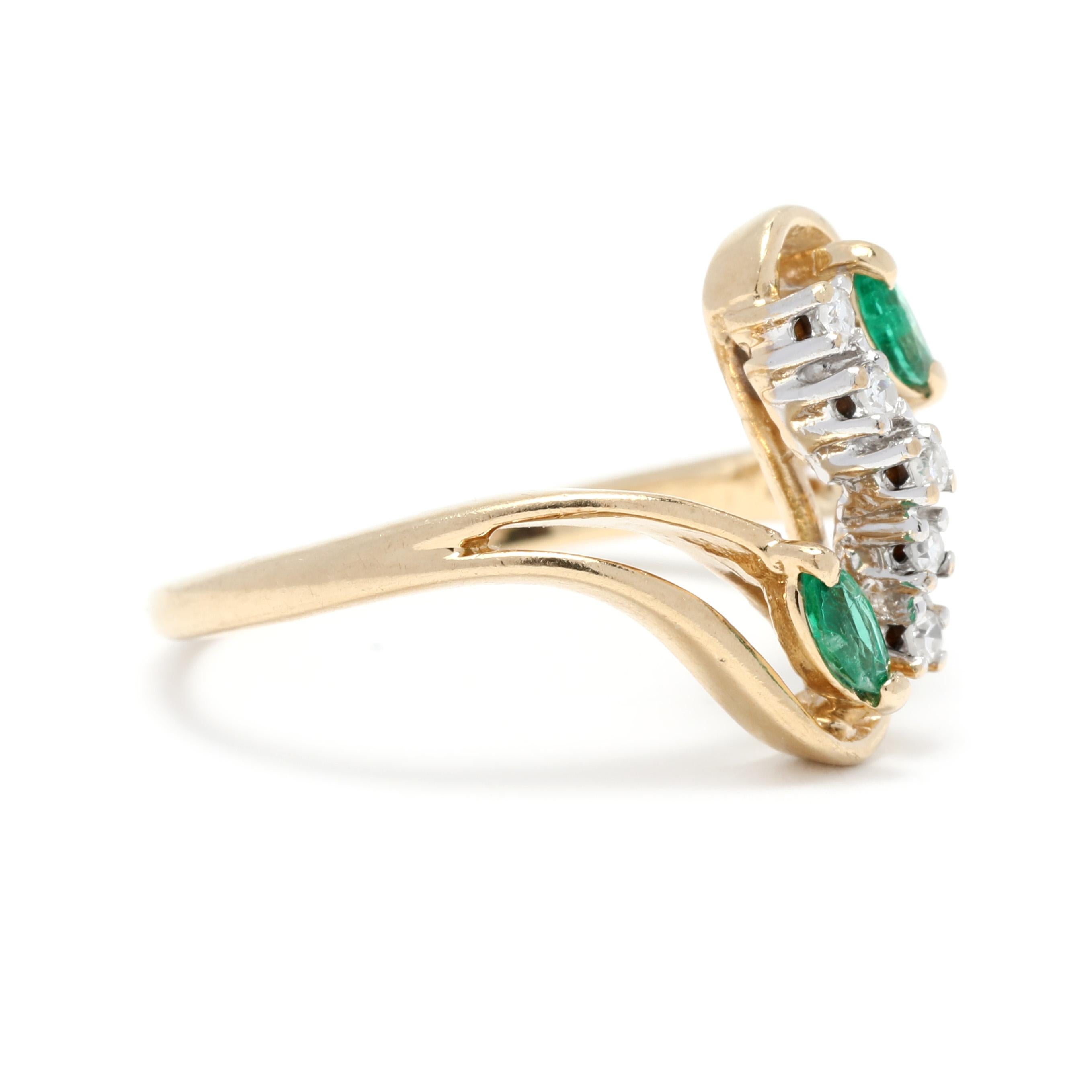 Create a style statement with this 0.14ctw Natural Emerald Diamond Ring in 14K Yellow Gold. The modernist swirl design features a 5.25 ring size and is sure to draw compliments. The sparkling emerald diamond center stone is perfectly complemented by