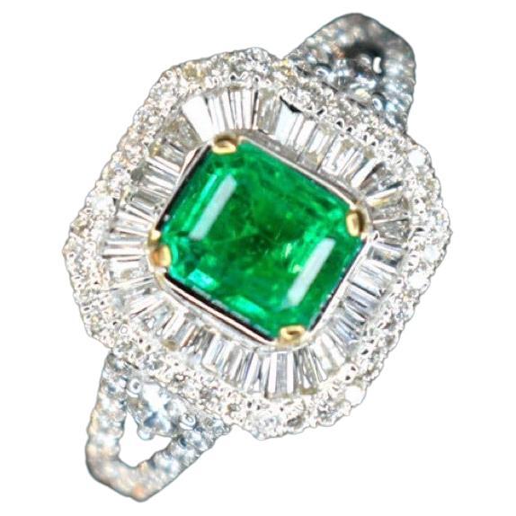 Natural Emerald Diamond Ring 18k Gold, Emerald 0.67 Ct Diamond 0.70ct For Sale