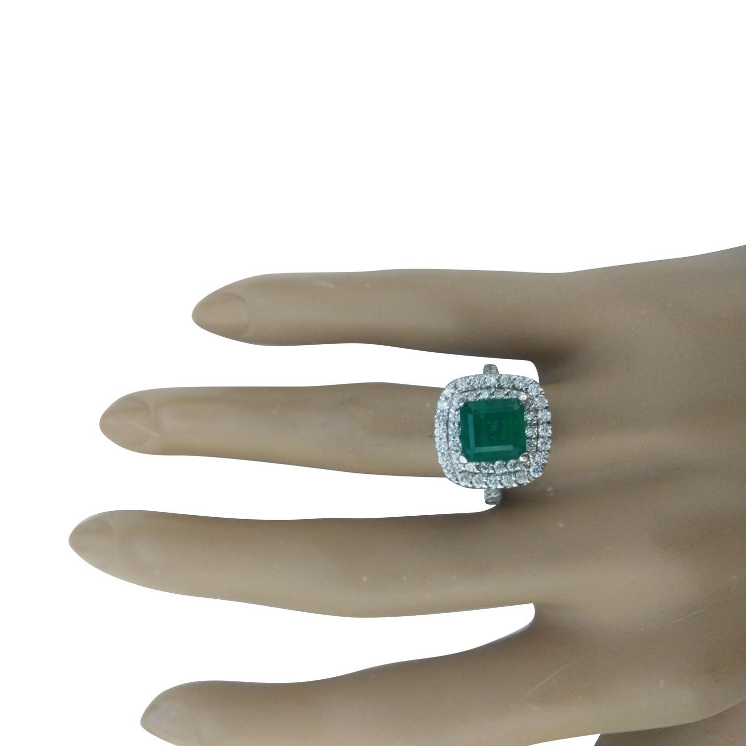 4.10 Carat Natural Emerald 14 Karat Solid White Gold Diamond Ring
Stamped: 14K 
Total Ring Weight: 6 Grams 
Emerald Weight: 3.00 Carat (7.50x7.50 Millimeters) 
Diamond Weight: 1.10 Carat (F-G Color, VS2-SI1 Clarity)
Quantity: 40
Face Measures: