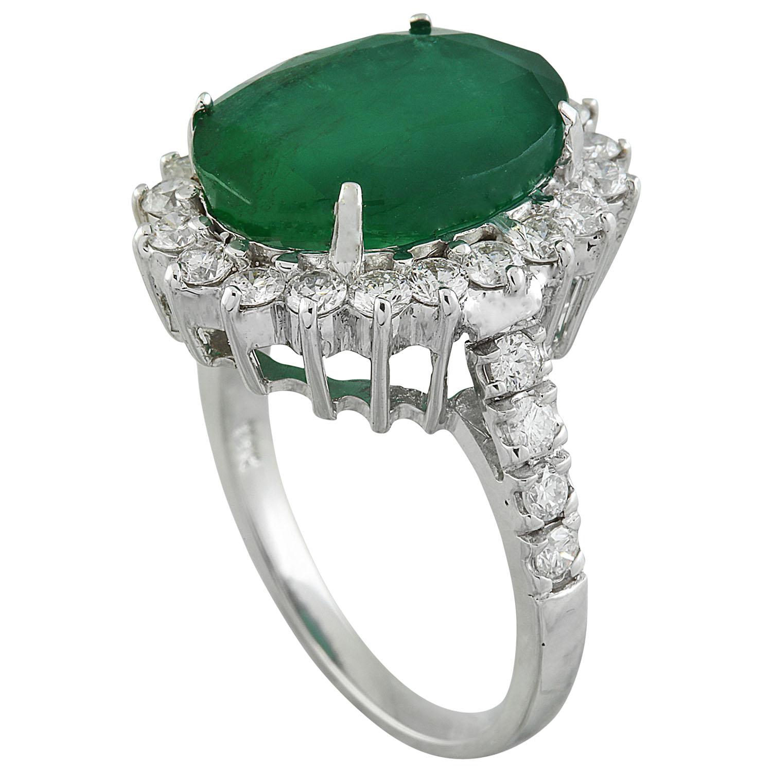 9.30 Carat Natural Emerald 14 Karat Solid White Gold Diamond Ring
Stamped: 14K 
Total Ring Weight: 7.2 Grams 
Emerald Weight 8.05 Carat (14.00x10.00 Millimeters)
Diamond Weight: 1.25 carat (F-G Color, VS2-SI1 Clarity)
Face Measures: 20.30x16.90