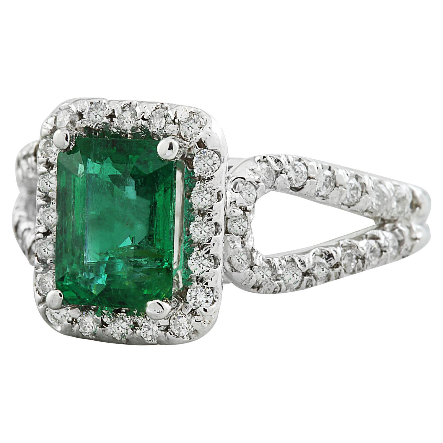 2.10 Carat Natural Emerald 14 Karat Solid White Gold Diamond Ring
Stamped: 14K 
Total Ring Weight: 5.5 Grams 
Emerald Weight 1.60 Carat (8.00x6.00 Millimeters)
Diamond Weight: 0.50 carat (F-G Color, VS2-SI1 Clarity )
Face Measures: 11.65x9.50