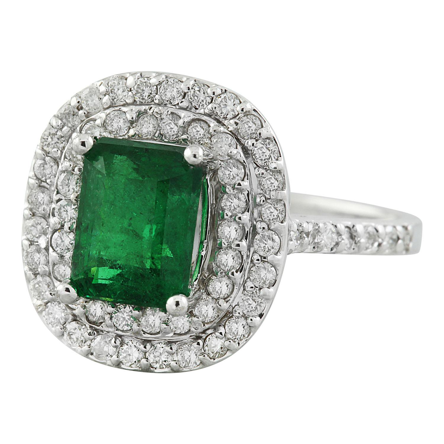 2.60 Carat Natural Emerald 14 Karat Solid White Gold Diamond Ring
Stamped: 14K 
Total Ring Weight: 5.3 Grams 
Emerald Weight 2.00 Carat (8.00x6.00 Millimeters)
Diamond Weight: 0.60 carat (F-G Color, VS2-SI1 Clarity)
Face Measures: 14.95x13.95