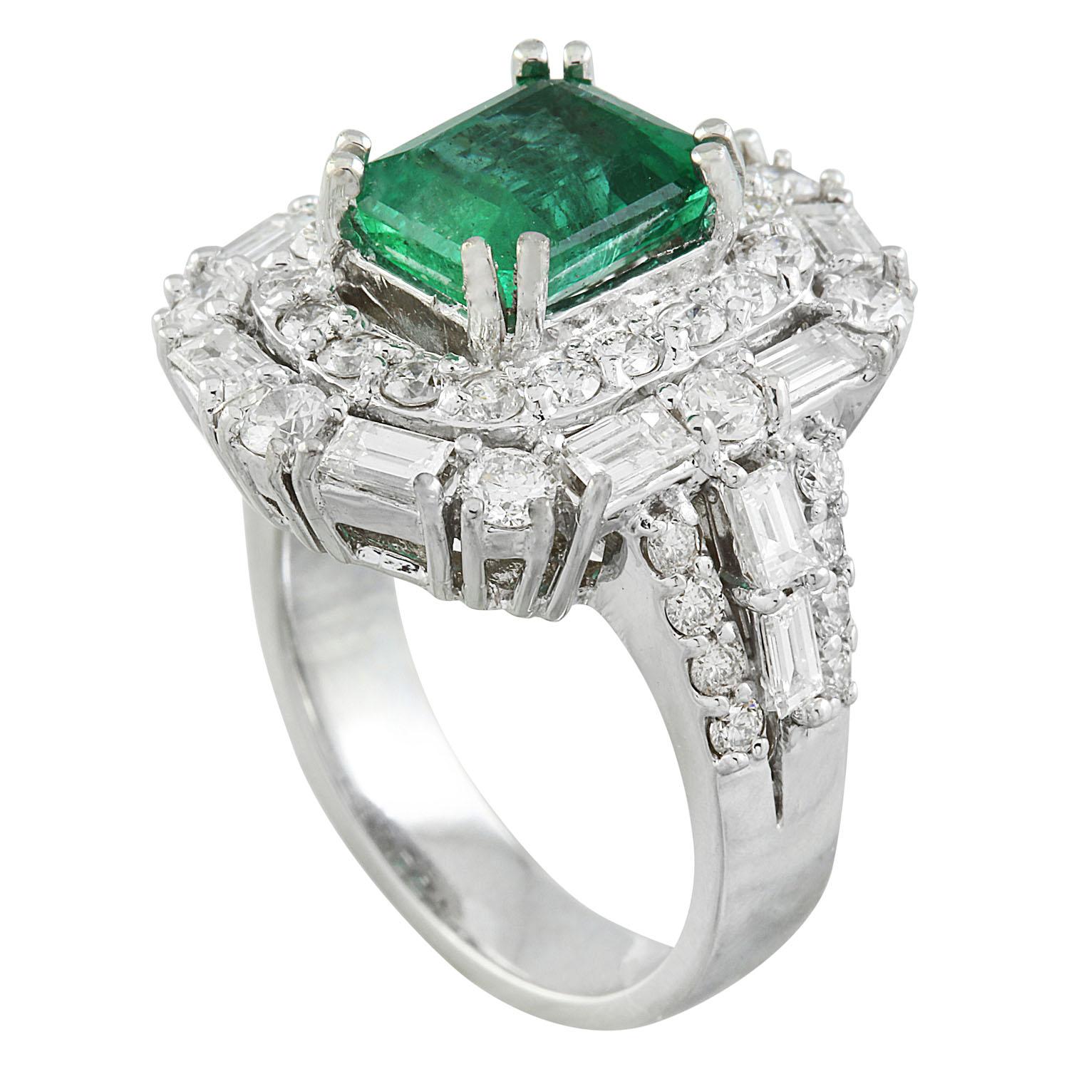 5.12 Carat Natural Emerald 14 Karat Solid White Gold Diamond Ring
Stamped: 14K 
Total Ring Weight: 11.3 Grams 
Emerald Weight 2.60 Carat (9.00x7.00 Millimeters)
Diamond Weight: 2.52 Carat (F-G Color, VS2-SI1 Clarity )
Quantity: 42 Round-Shaped 1.42