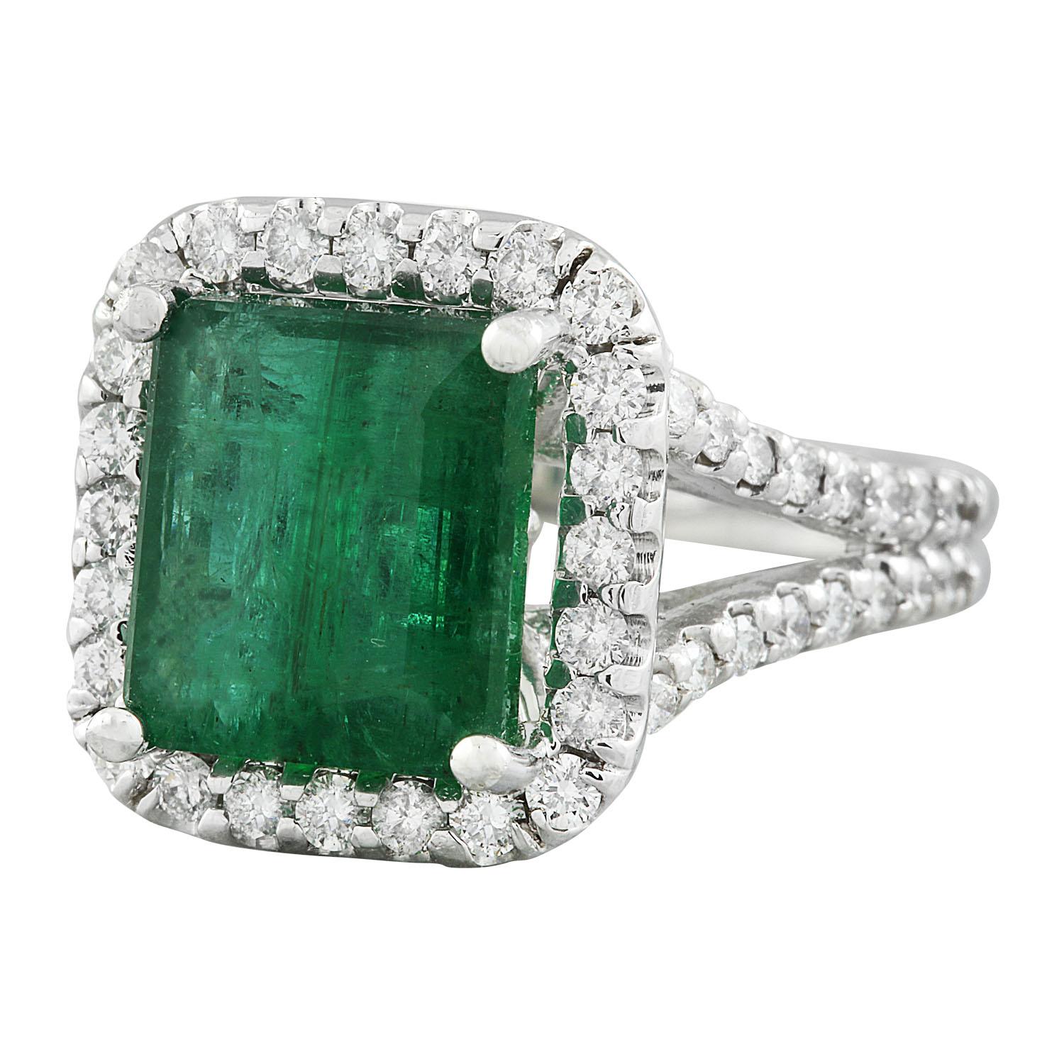 5.40 Carat Natural Emerald 14 Karat Solid White Gold Diamond Ring
Stamped: 14K 
Total Ring Weight: 7.3 Grams 
Emerald Weight 4.50 Carat (10.00x8.00 Millimeters)
Diamond Weight: 0.90 carat (F-G Color, VS2-SI1 Clarity )
Face Measures: 14.55x13.60