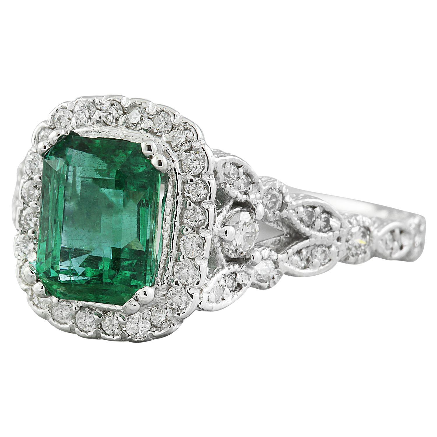 2.64 Carat Natural Emerald 14 Karat Solid White Gold Diamond Ring
Stamped: 14K 
Total Ring Weight: 5 Grams 
Emerald Weight 2.04 Carat (8.00x6.00 Millimeters)
Diamond Weight: 0.60 Carat (F-G Color, VS2-SI1 Clarity)
Face Measures: 12.15x10.45