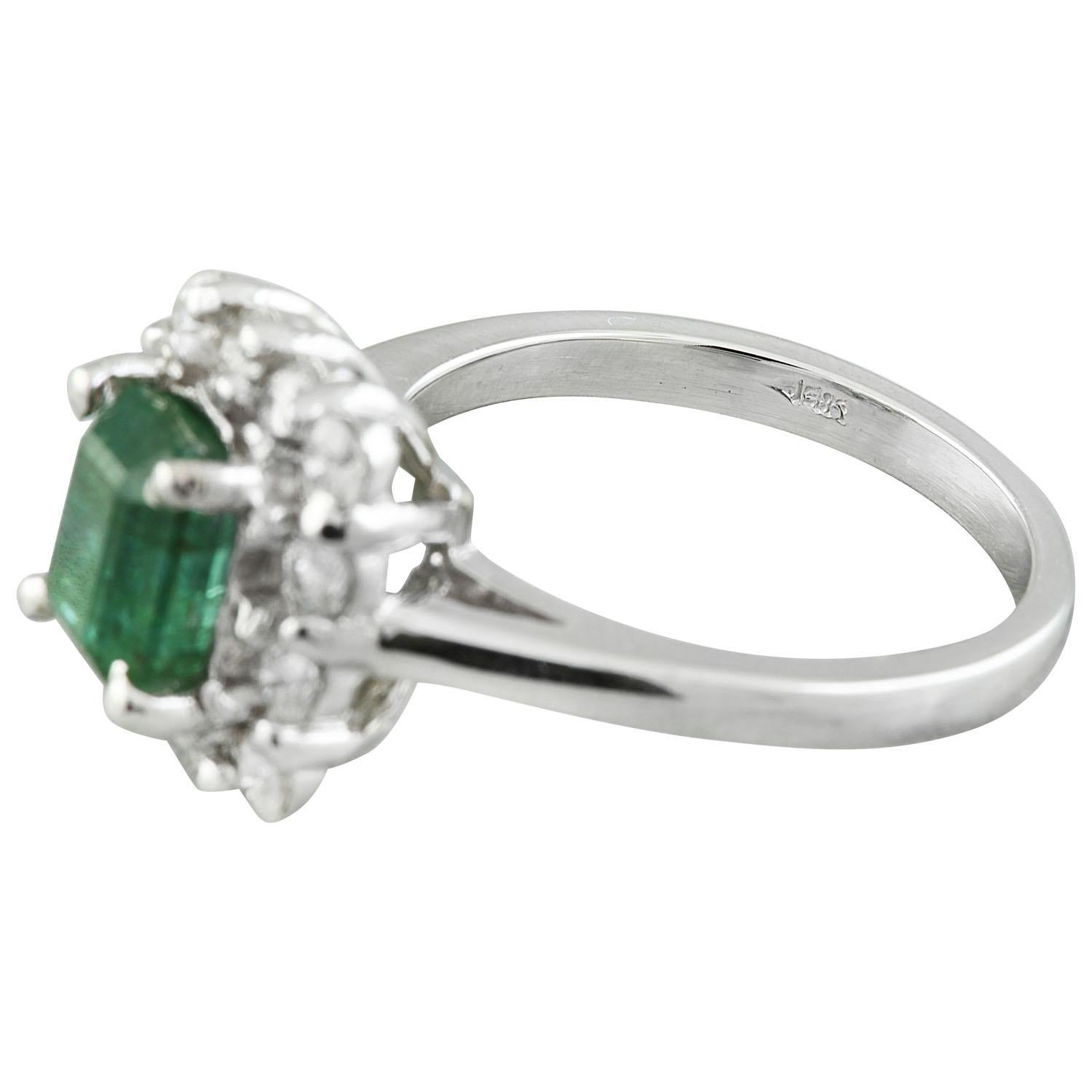 Emerald Cut Natural Emerald Diamond Ring in 14 Karat Solid White Gold  For Sale