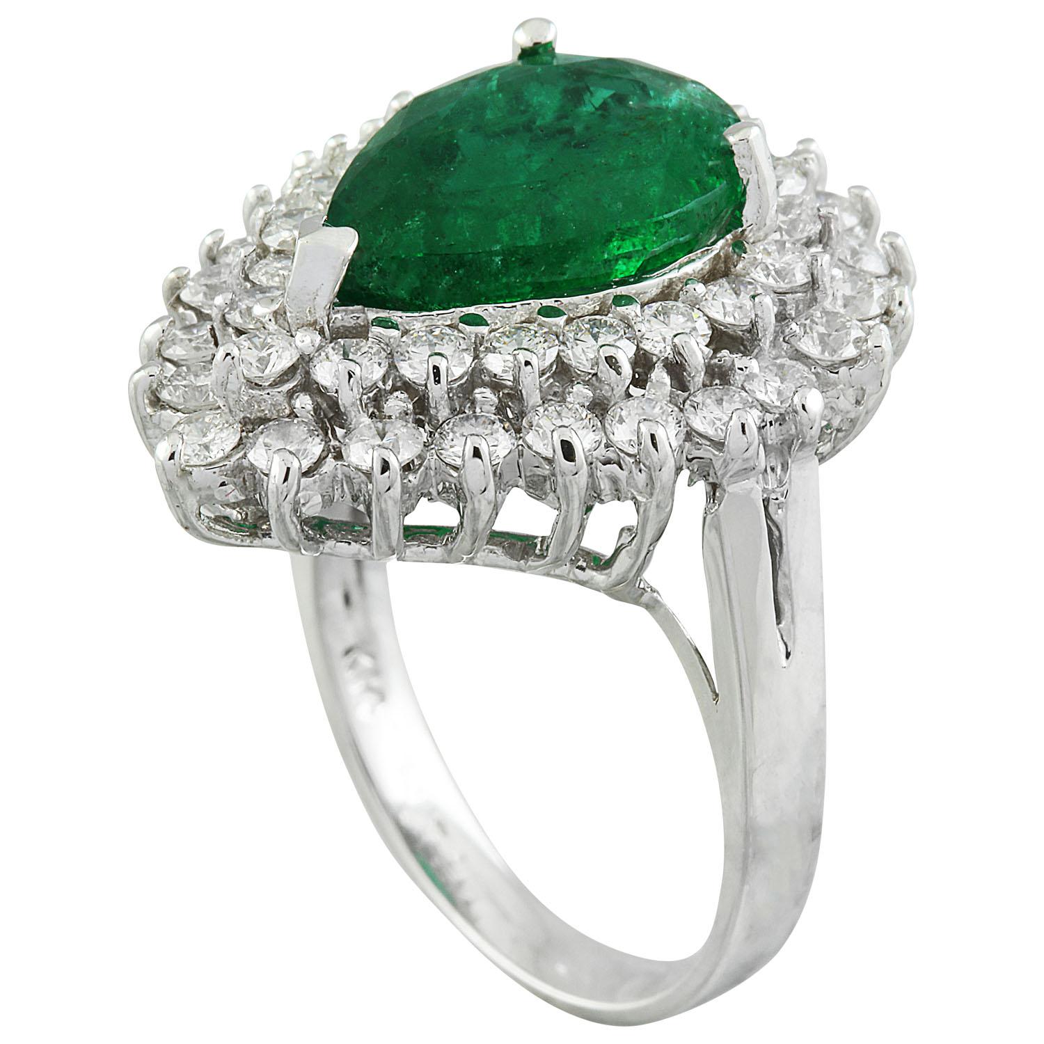 Pear Cut Natural Emerald Diamond Ring in 14 Karat Solid White Gold For Sale