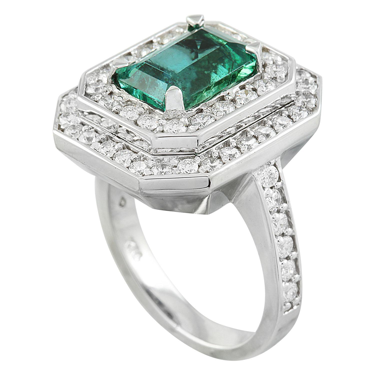 Emerald Cut Natural Emerald Diamond Ring in 14 Karat Solid White Gold  For Sale