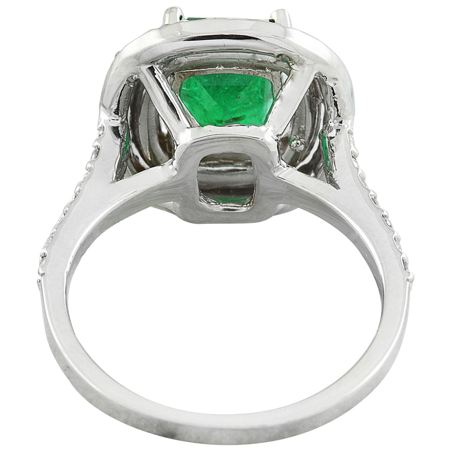Women's Natural Emerald Diamond Ring in 14 Karat Solid White Gold  For Sale