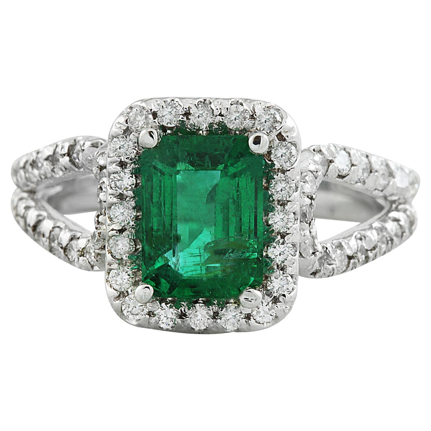 Natural Emerald Diamond Ring in 14 Karat Solid White Gold  For Sale