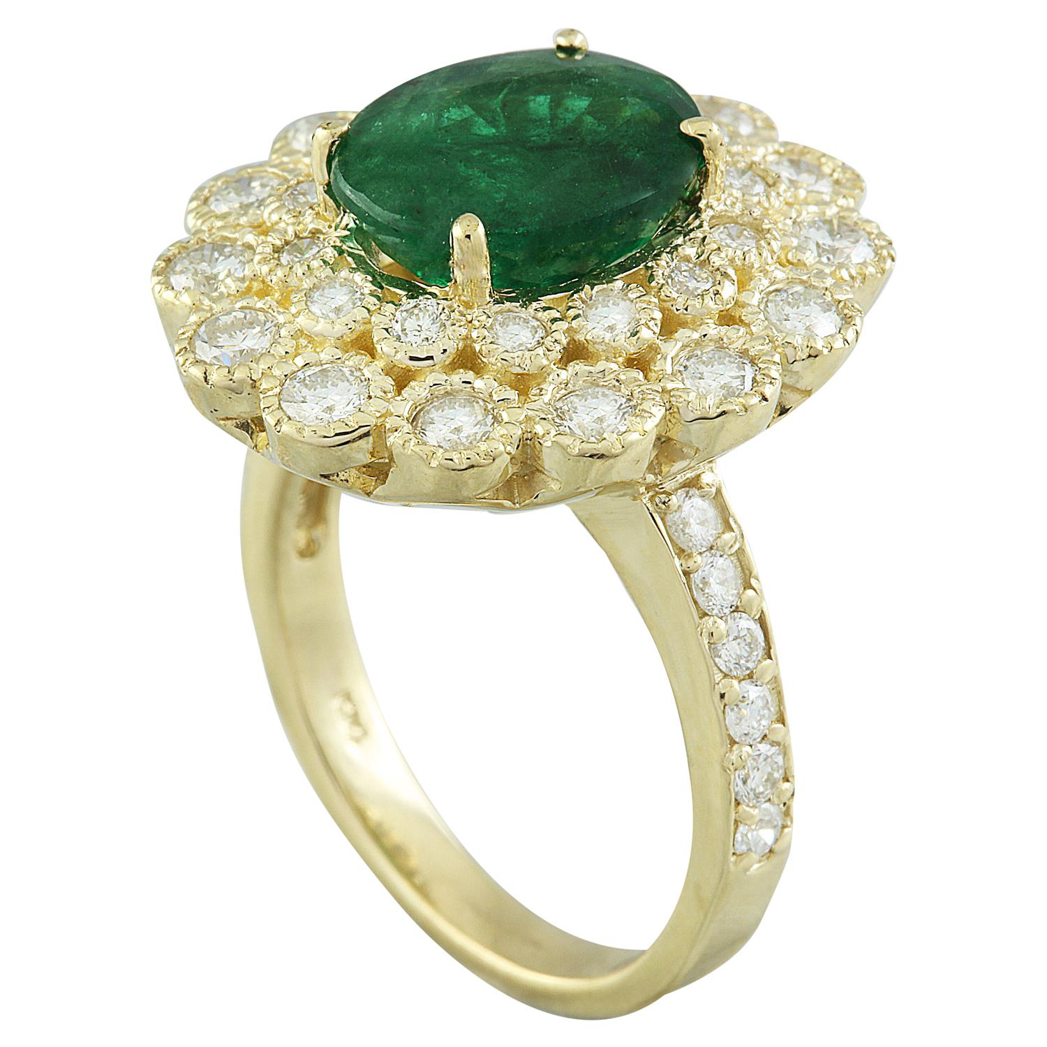 4.40 Carat Natural Emerald 14 Karat Solid Yellow Gold Diamond Ring
Stamped: 14K 
Total Ring Weight: 8.5 Grams 
Emerald Weight 3.25 Carat (11.00x9.00 Millimeters)
Diamond Weight: 1.15 carat (F-G Color, VS2-SI1 Clarity )
Face Measures: 20.75x19.20