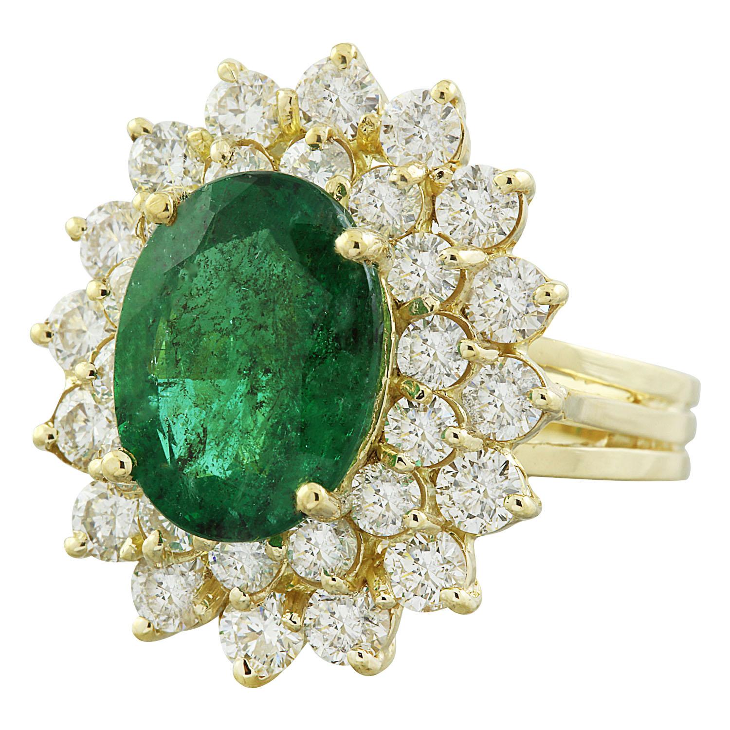 7.10 Carat Natural Emerald 14 Karat Solid Yellow Gold Diamond Ring
Stamped: 14K 
Total Ring Weight: 9.8 Grams
Emerald Weight 4.60 Carat (12.00x10.00 Millimeters)
Diamond Weight: 2.50 carat (F-G Color, VS2-SI1 Clarity )
Face Measures: 22.45x19.35