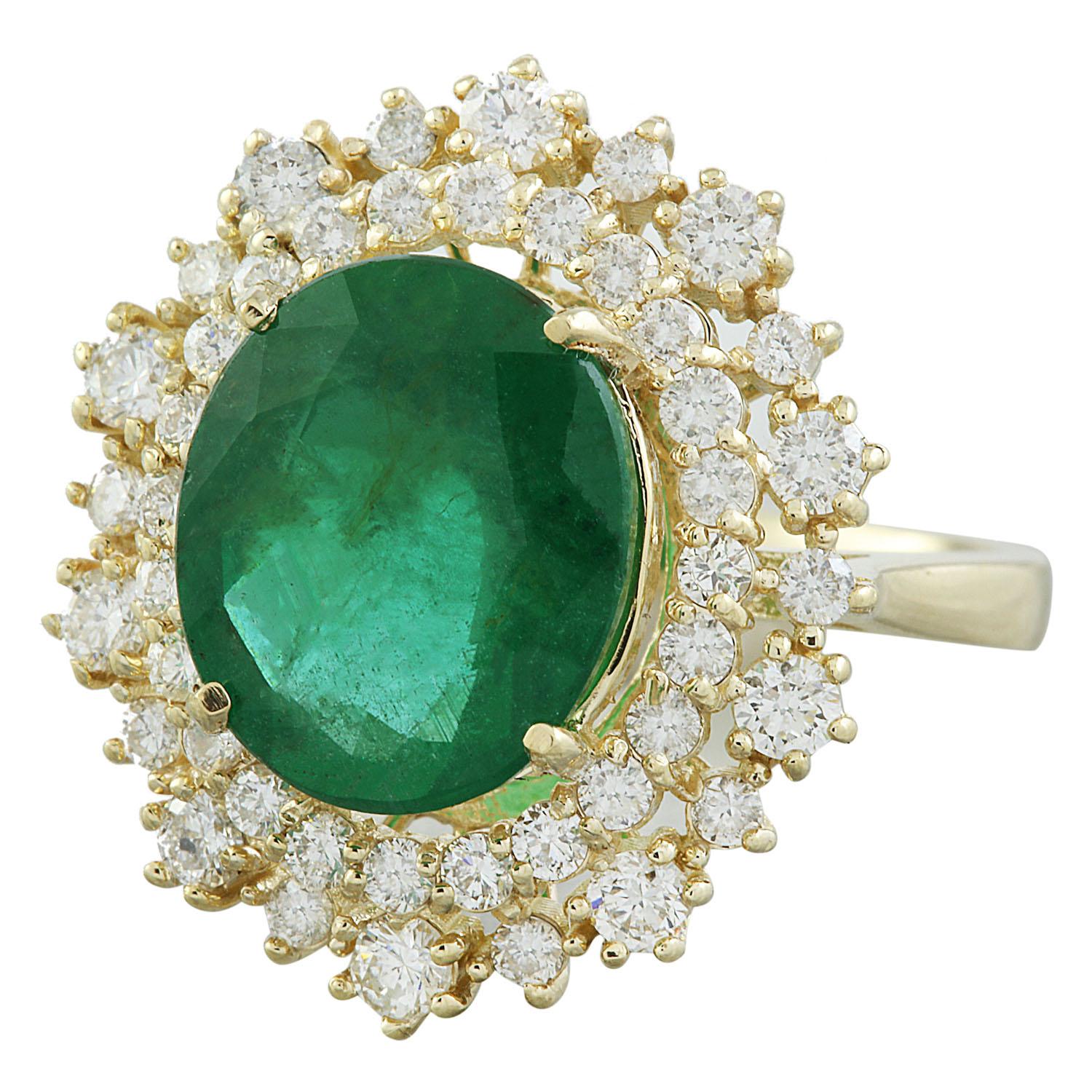 5.93 Carat Natural Emerald 14 Karat Solid Yellow Gold Diamond Ring
Stamped: 14K 
Total Ring Weight: 5.5 Grams 
Emerald Weight 4.83 Carat (12.00x10.00 Millimeters)
Natural Emerald Treatment: Oil Only
Diamond Weight: 1.10 carat (F-G Color, VS2-SI1
