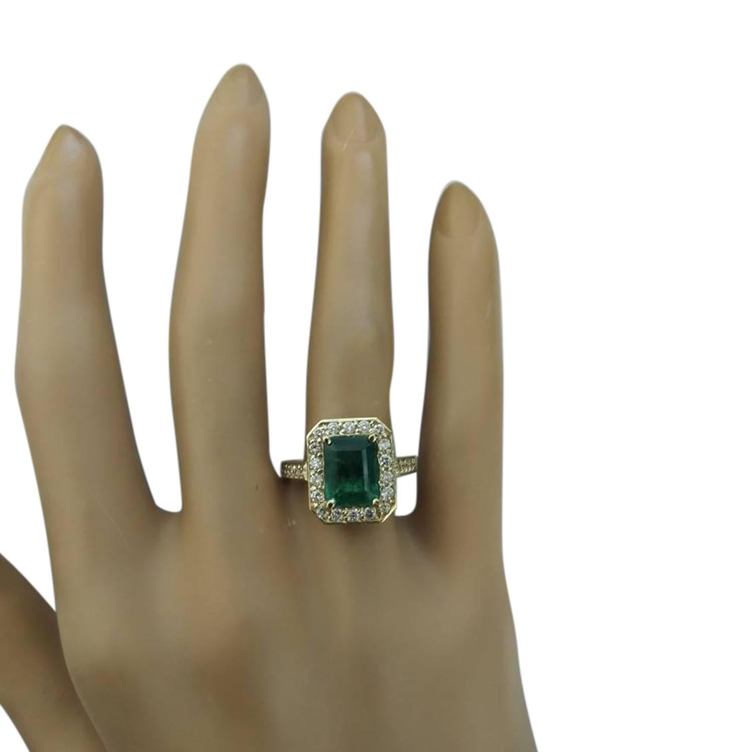 3.40 Carat Natural Emerald 14 Karat Solid Yellow Gold Diamond Ring
Stamped: 14K 
Ring Size 7
Total Ring Weight: 6.2 Grams 
Emerald Weight 2.80 Carat (9.00x7.00 Millimeters)
Natural Emerald Treatment: Oil Only
Diamond Weight: 0.60 Carat (F-G Color,