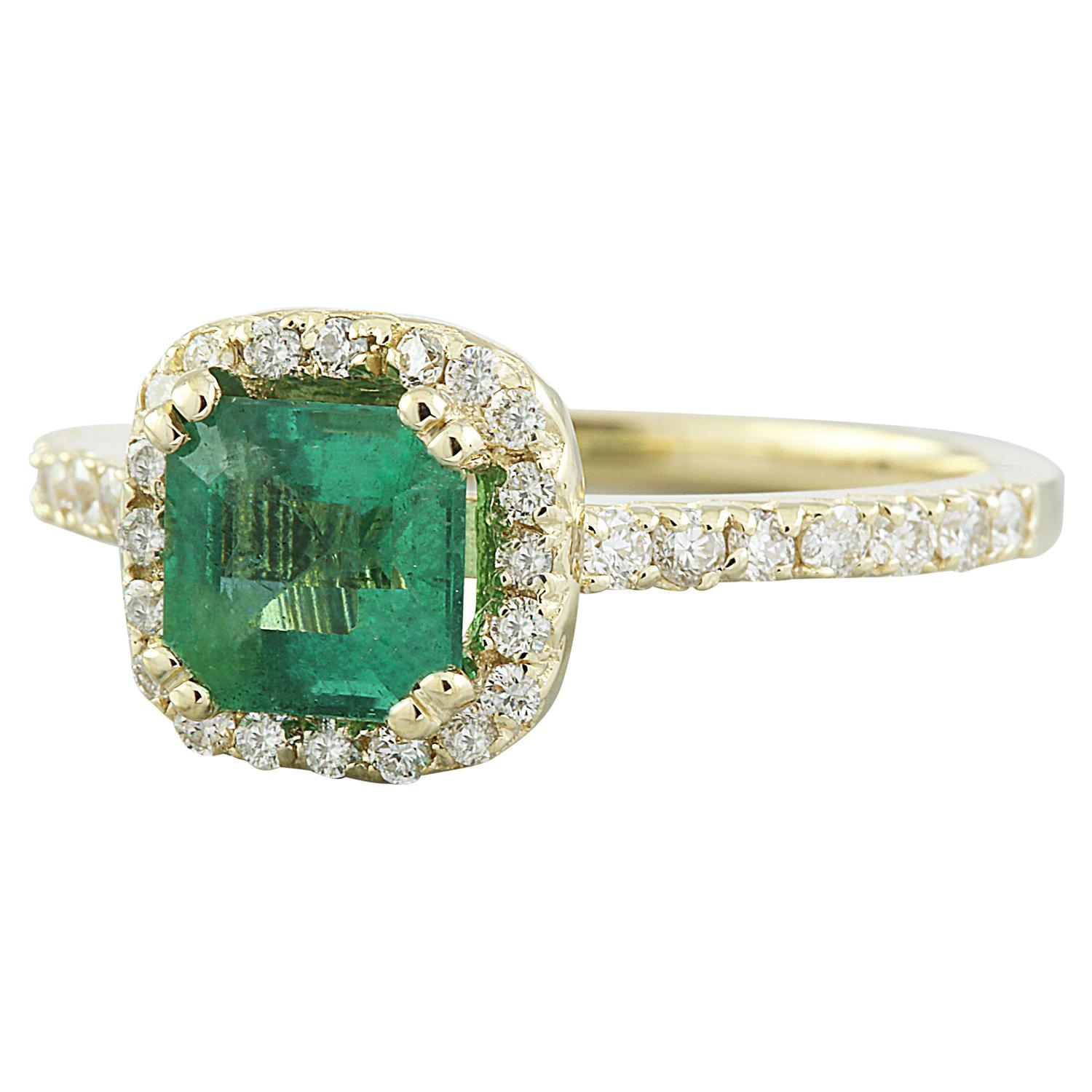 1.45 Carat Natural Emerald 14 Karat Solid Yellow Gold Diamond Ring
Stamped: 14K 
Total Ring Weight: 3 Grams 
Emerald Weight 1.04 Carat (6.00x6.00 Millimeters)
Diamond Weight: 0.41 carat (F-G Color, VS2-SI1 Clarity )
Face Measures: 9.10x9.50