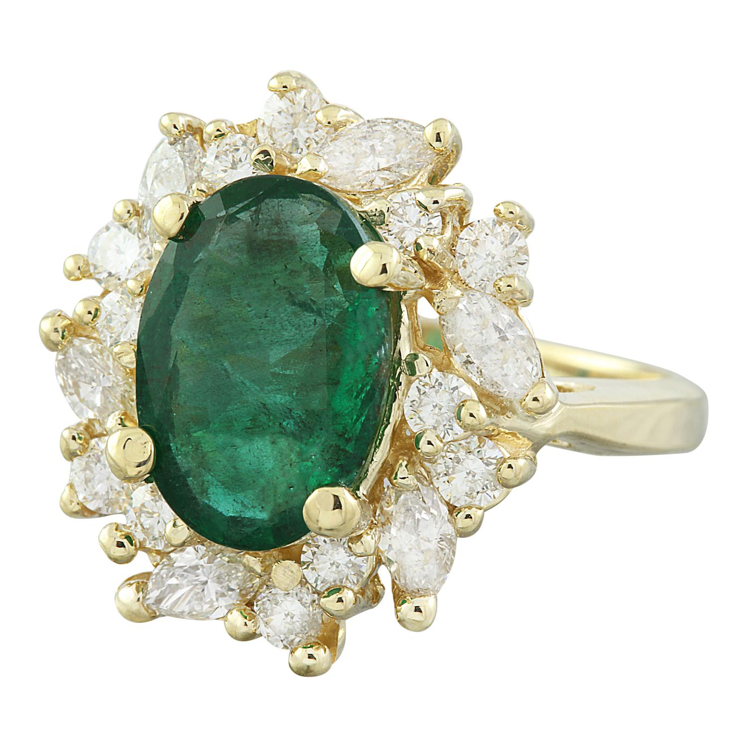 4.67 Carat Natural Emerald 14 Karat Solid Yellow Gold Diamond Ring
Stamped: 14K 
Total Ring Weight: 8.1 Grams 
Emerald Weight 3.57 Carat (12.00x10.00 Millimeters)
Diamond Weight: 1.10 carat (F-G Color, VS2-SI1 Clarity )
Face Measures: 19.15x18.00