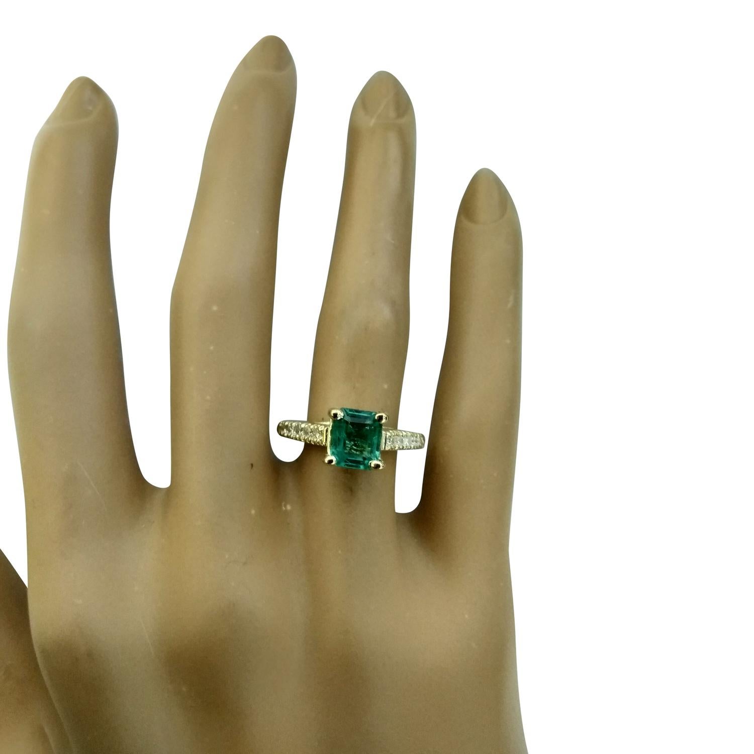 1.63 Carat Natural Emerald 14 Karat Solid Yellow Gold Diamond Ring
Stamped: 14K
Ring Size 7
Total Ring Weight: 4.1 Grams 
Emerald Weight 1.38 Carat (6.00x6.00 Millimeters)
Natural Emerald Treatment: Oil Only
Diamond Weight: 0.25 Carat (F-G Color,