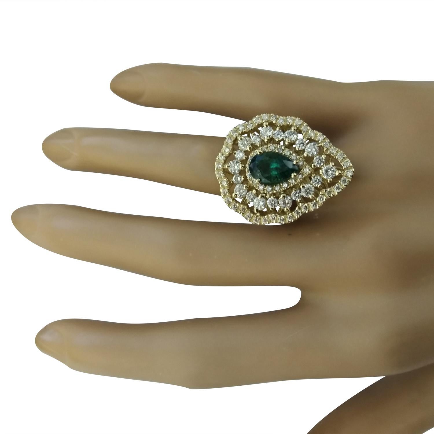 Pear Cut Natural Emerald Diamond Ring in 14 Karat Solid Yellow Gold  For Sale