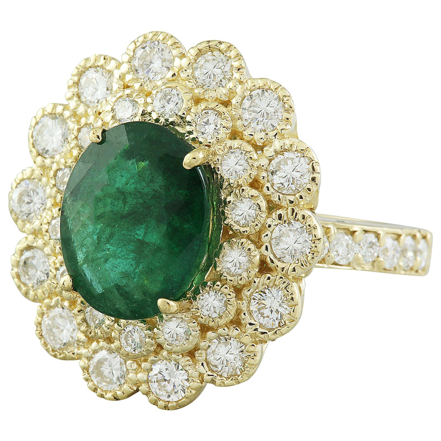 Women's Natural Emerald Diamond Ring in 14 Karat Solid Yellow Gold For Sale