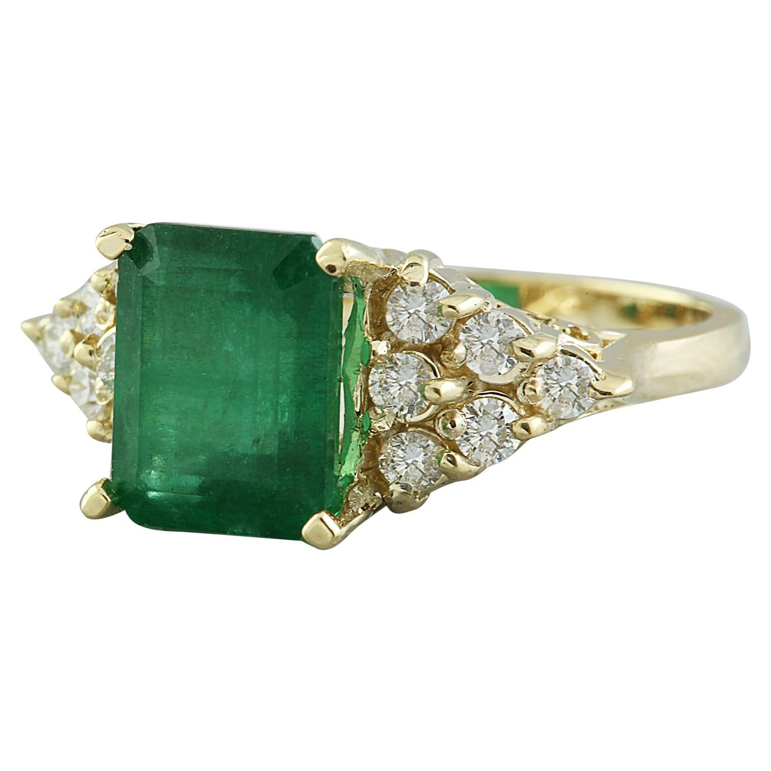 3.32 Carat Natural Emerald 14 Karat Solid Yellow Gold Diamond Ring
Stamped: 14K 
Total Ring Weight: 4.1 Grams
Emerald Weight: 2.82 Carat (9.00x7.00 Millimeters) 
Quantity: 1
Shape: Emerald
Color: Green
Diamond Weight: 0.50 carat (F-G Color, VS2-SI1