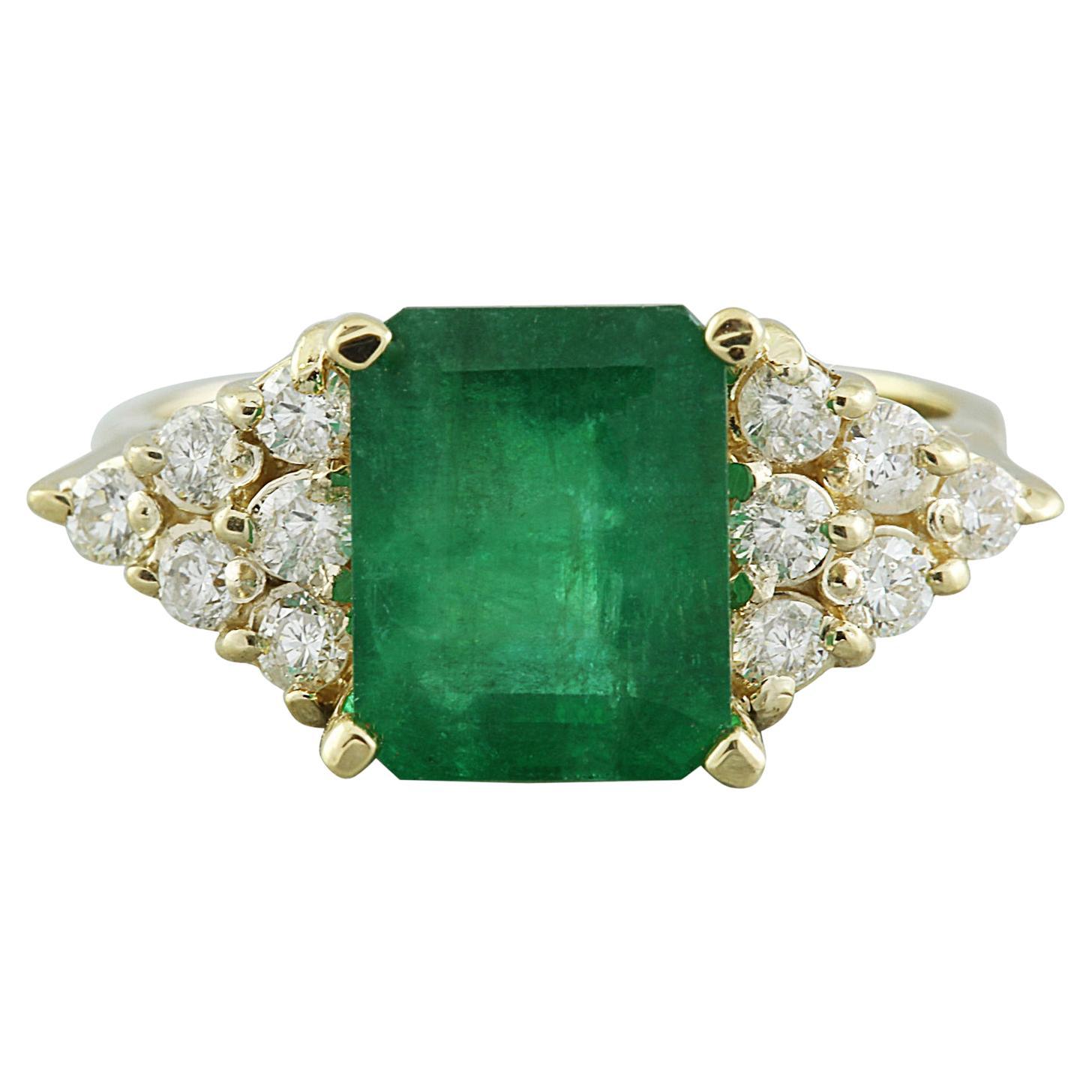 Natural Emerald  Diamond Ring In 14 Karat Yellow Gold For Sale
