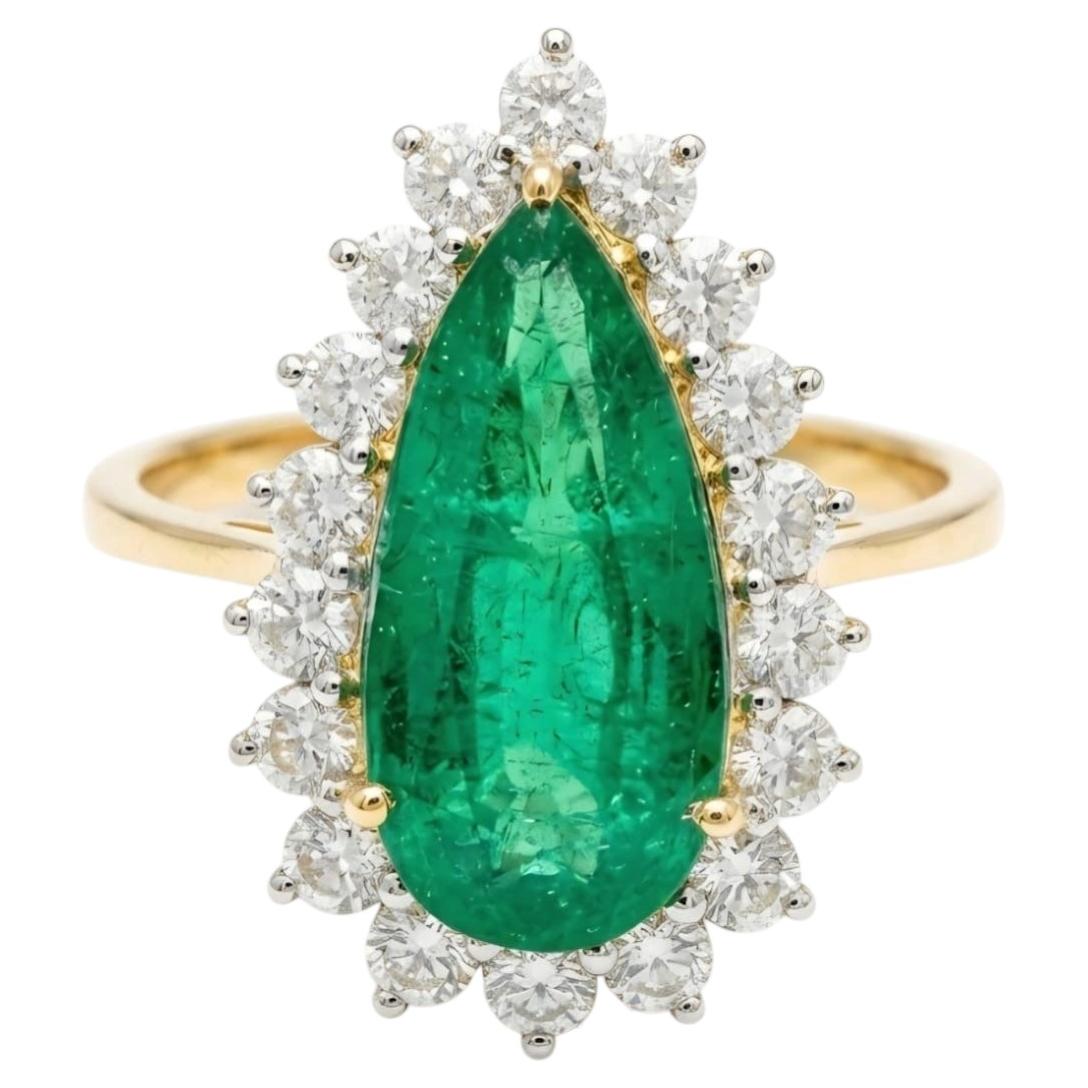 Natural Pear-Shaped Emerald Ring with Diamond Halo in 14k Gold