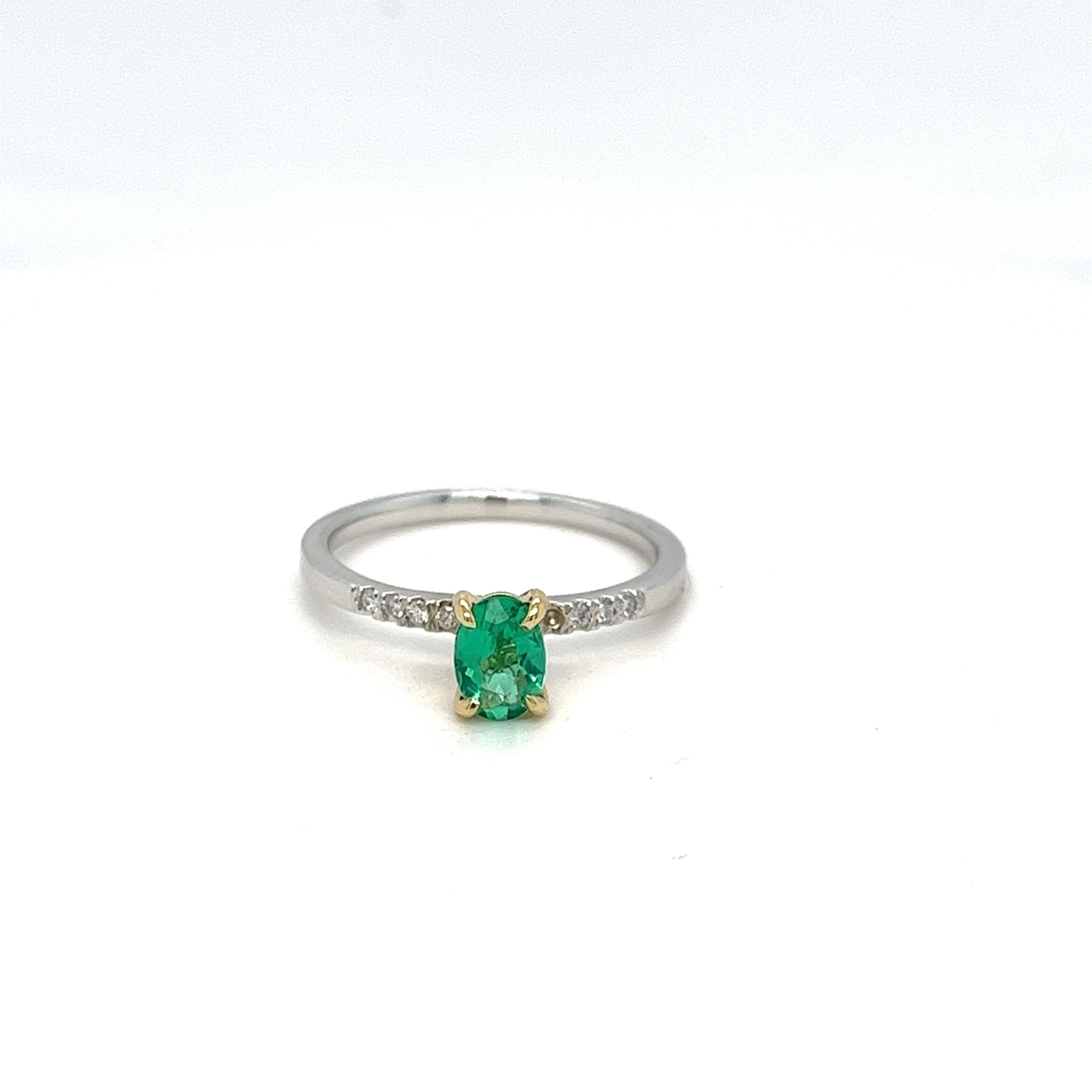 Lassen Sie sich von der faszinierenden Schönheit unseres exquisiten Rings mit einem 0,50-Karat-Smaragd aus Erdminen verzaubern. Dieses bezaubernde Stück zeigt einen atemberaubenden ovalen Smaragd von 0,50 Karat, der in einem satten Grünton