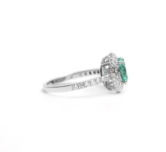 Emerald and Diamond Halo Ring in 18K White Gold, 1.28ct Emerald