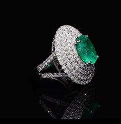 Natural Emerald and Diamond Ring in 18K White Gold, Handmade, India