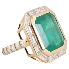 Art Deco 12ct Zambian Emerald and 2.87ct Diamond Ring in 18k Gold