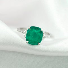 Natural Emerald Diamond Ring in 18K White Gold Statement Jewelry