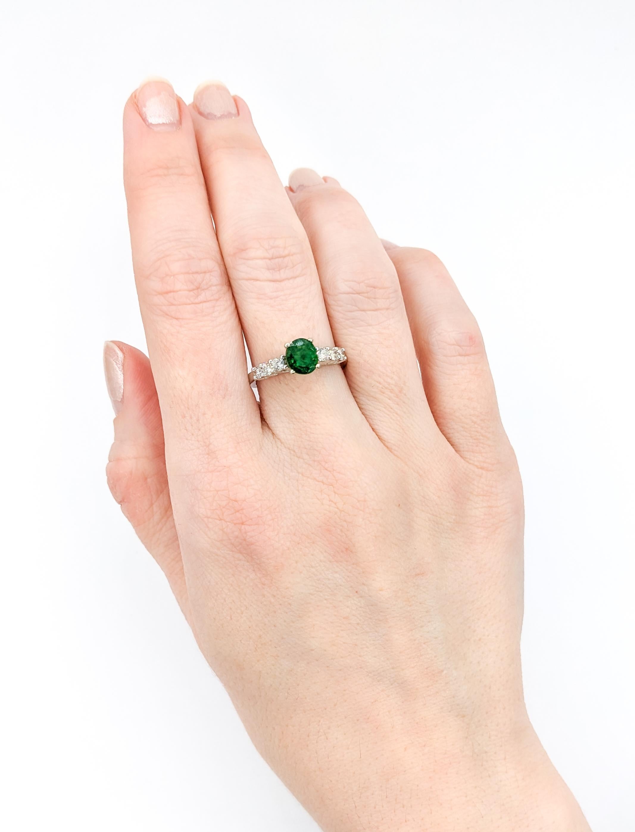 Modern Natural Emerald & Diamond Ring In White  For Sale