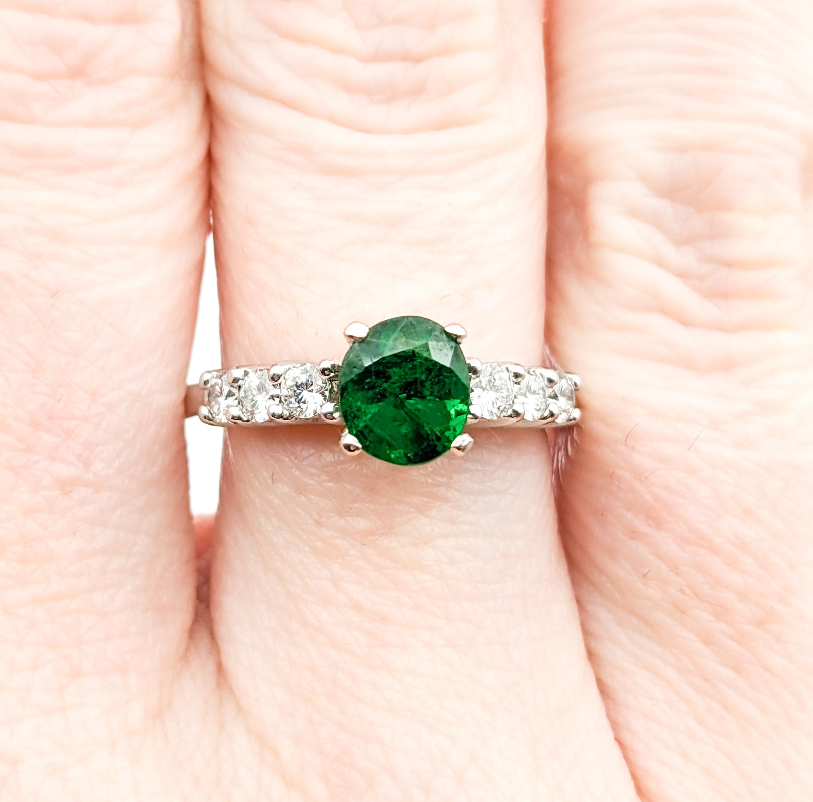 Round Cut Natural Emerald & Diamond Ring In White  For Sale