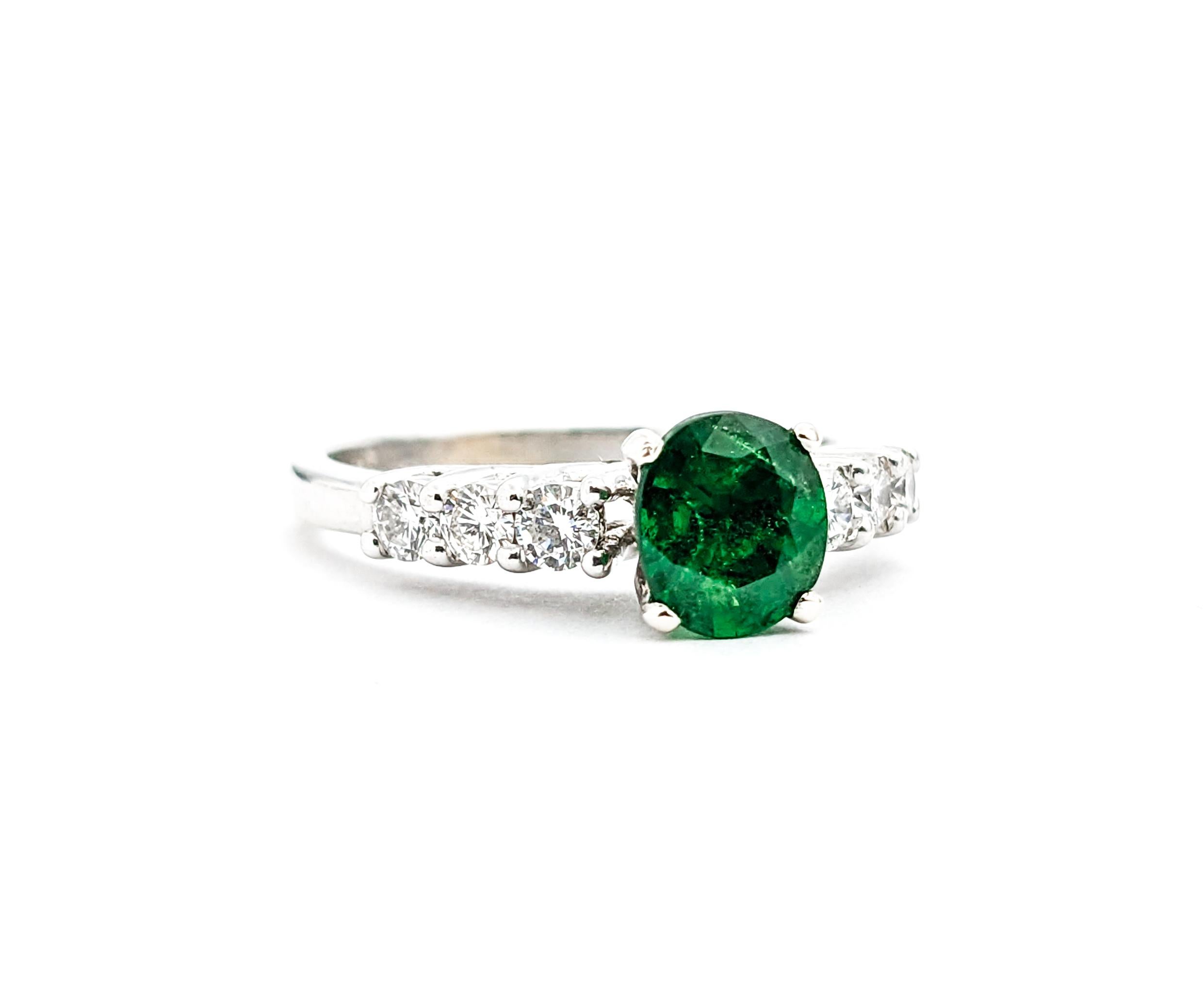 Women's or Men's Natural Emerald & Diamond Ring In White  For Sale