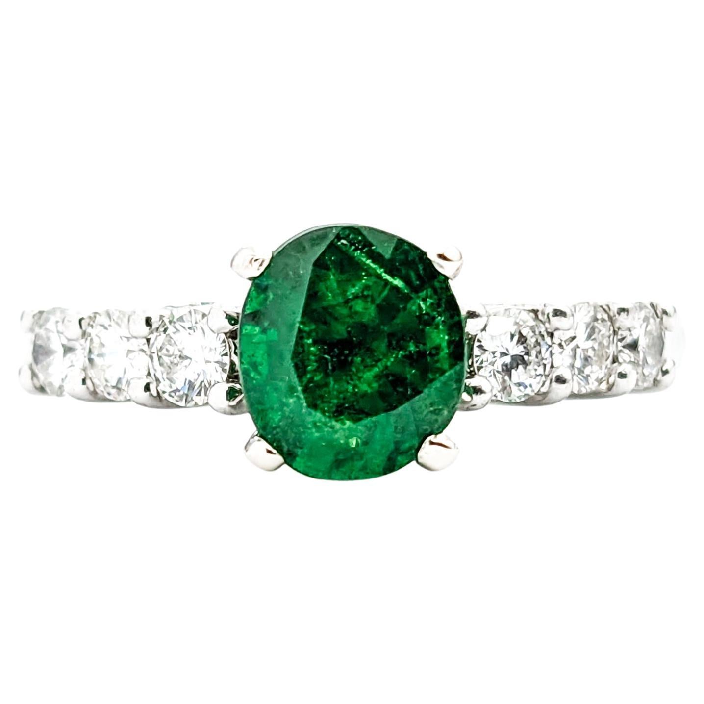 Natural Emerald & Diamond Ring In White  For Sale